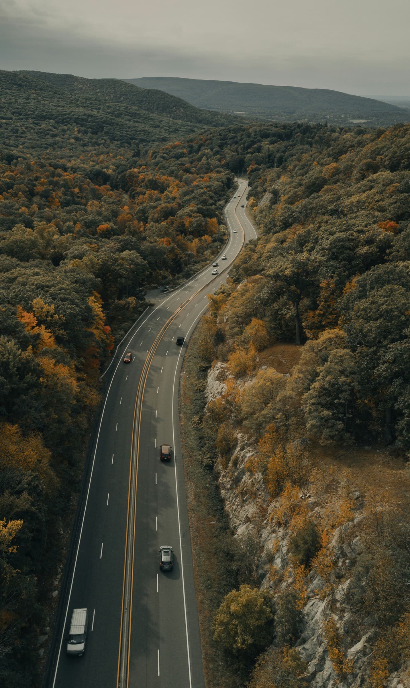 Aerial view of a winding road through the Hudson Valley