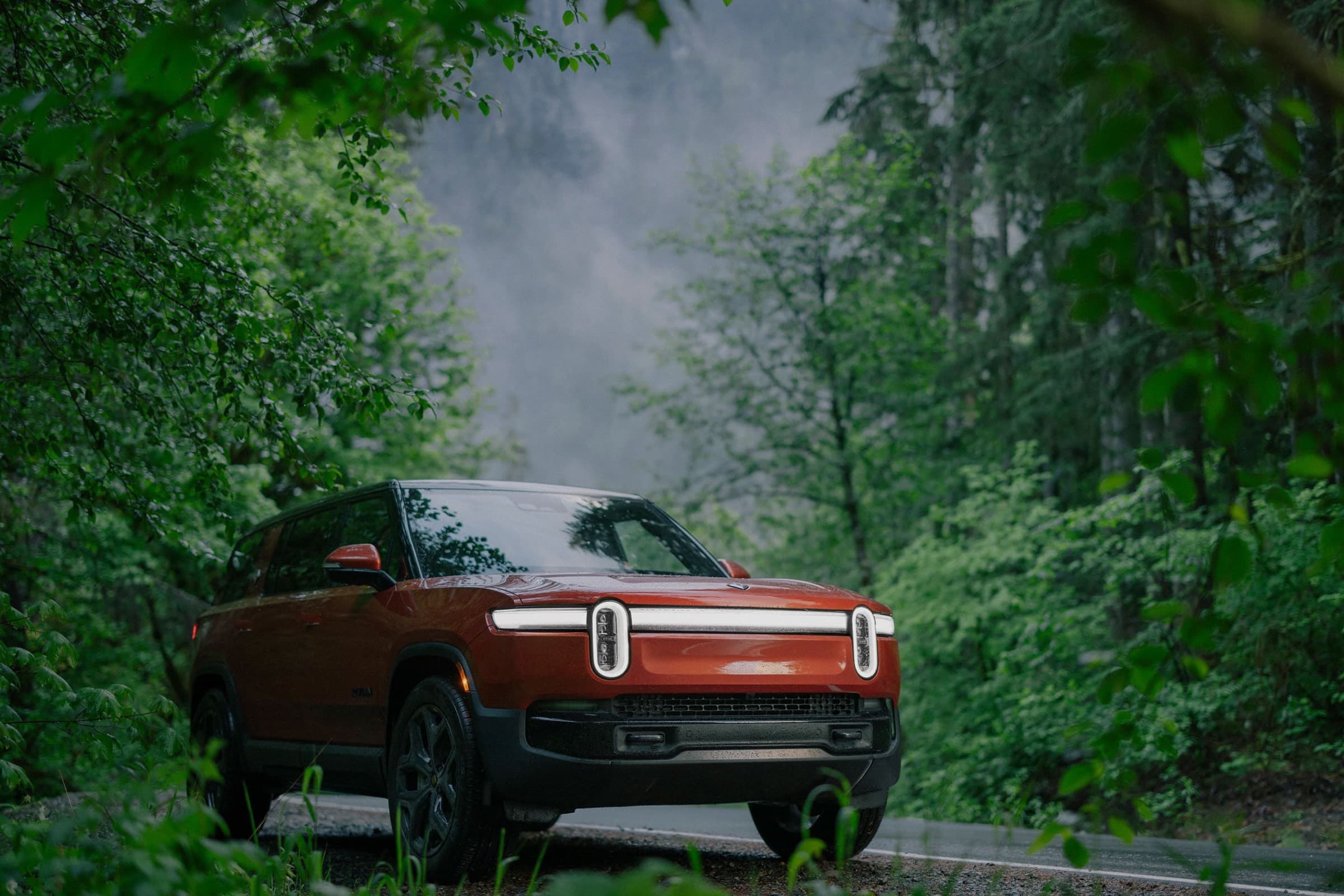 Rivian electric SUV on a lush forest road